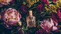 Perfume bottle in flowers, fragrance on blooming background, floral scent and cosmetic product Royalty Free Stock Photo