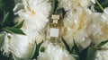 Perfume bottle in flowers, fragrance on blooming background, floral scent and cosmetic product Royalty Free Stock Photo