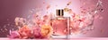 perfume bottle flowers splash banner copy space. Generative AI, Royalty Free Stock Photo