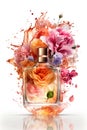 perfume bottle flowers splash banner copy space. Generative AI, Royalty Free Stock Photo