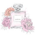 Perfume bottle and flowers. Vector . Perfume bottle and flowers