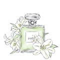 Perfume bottle and flowers. Vector . Print on a postcard, poster or clothing.