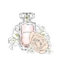Perfume bottle and flowers. Vector . Print on a postcard, poster or clothing.
