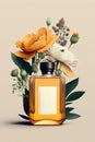 Perfume bottle with flowers on yellow background, close-up. Black cap, transparent glass container. Beauty concept. Image is