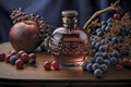 Perfume bottle with grapes and apple fruits. Generative AI