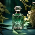 Perfume bottle on green satin background. Luxury fragrance