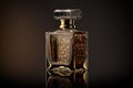 Perfume bottle with intricate design. Cosmetic beauty glass container. Crystal decanter of cologne. Eau de toilette.