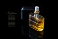 Perfume bottle isolated on black background with reflexion.