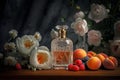 Perfume bottle with jasmin flowers, peaches and berries.