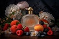 Perfume bottle with Jasmin flowers, peaches and berry fruits. Generative AI