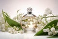 Perfume bottle with lilly of the valley flowers. Generative AI Royalty Free Stock Photo