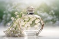 Perfume bottle with lilly of the valley flowers. Generative AI illustration Royalty Free Stock Photo