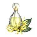 A perfume bottle made of transparent glass with ylang-ylang flowers. Vintage yellow perfume with the scent of ylang