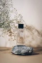 Perfume bottle on natural stone with gypsophila flowers. Neutral beige background. Beauty, fashion concept. Front view