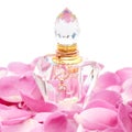 Perfume bottle with necklace among flower petals on white background. Perfumery, cosmetics, fragrance collection Royalty Free Stock Photo