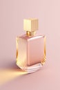 Perfume bottle on pink background, close-up. Gold cap, transparent glass container. Beauty concept. Image is generated of an AI.