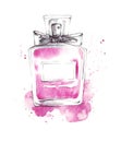 Perfume bottle pink glass fragrance watercolor illustration, fashion sketch, art print Royalty Free Stock Photo