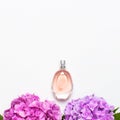 Perfume bottle and pink hydrangea flowers on light gray background top view Flat lay copy space. Perfumery, cosmetics, female Royalty Free Stock Photo