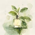 Perfume bottle among plant leaves on watercolor painting Royalty Free Stock Photo