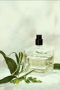 Perfume bottle with plants on a green natural background. Selective focus. Perfumery collection, cosmetics