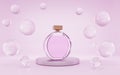 Perfume bottle on podium with clear water drops or air bubbles, mock up banner. Glass round container with pink liquid Royalty Free Stock Photo
