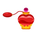 Perfume bottle Princess, heart-shaped decorated with diamonds and gold. Vector, illustration, cartoon style, isolated.