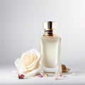 Perfume bottle with rose flowers and petals on light background. Generative AI Royalty Free Stock Photo