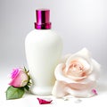 Perfume bottle with rose flowers and petals on light background. Generative AI Royalty Free Stock Photo