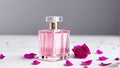 Perfume bottle with rose flowers and petals on light background. Generative AI Royalty Free Stock Photo