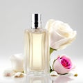 Perfume bottle with rose flowers and petals on light background. Generative AI Royalty Free Stock Photo