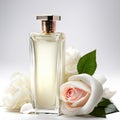 Perfume bottle with rose flowers and petals on light background. Generative AI Royalty Free Stock Photo