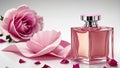 Perfume bottle with rose flowers and petals on light background. Generative AI Royalty Free Stock Photo