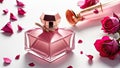 Perfume bottle with rose flowers and petals on light background. Generative AI Royalty Free Stock Photo