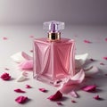 Perfume bottle with rose flowers and petals on light background. Generative AI Royalty Free Stock Photo