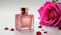 Perfume bottle with rose flowers and petals on light background. Generative AI Royalty Free Stock Photo