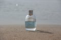 Perfume bottle on sand against sea water