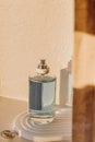 Perfume bottle and silver jewelry ring in natural light, light airy still life