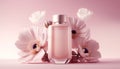 Perfume bottle surrounded with flowers for a beautiful and luxurious beauty product showcase and presentation Royalty Free Stock Photo