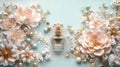 Elegant Perfume Bottle Surrounded by Soft Pink Flowers, Pearls, and Gold Accents Royalty Free Stock Photo