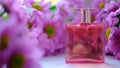 A perfume bottle surrounded by pink chrysanthemum flowers. Eau de toilette, eau de parfum, beauty concept Royalty Free Stock Photo
