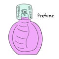 Perfume bottle with a tap. Colorful graphic illustration with inscription