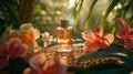 Perfume bottle among tropical flowers Royalty Free Stock Photo