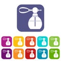 Perfume bottle with vaporizer icons set