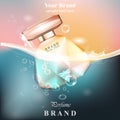 Perfume bottle water bubbles background. Realistic Vector Product gold packaging design mock ups Royalty Free Stock Photo