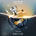 Perfume bottle water bubbles background. Realistic Vector Product gold packaging design mock ups Royalty Free Stock Photo