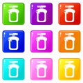 Perfume bottle water icons set 9 color collection Royalty Free Stock Photo