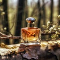 Perfume bottle on the wooden background in the forest. Perfumery concept