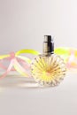 Perfume bottle on light background. Blank perfumery mockup, spa branding concept. Glamour fragrance, eau de parfum Royalty Free Stock Photo