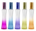 Perfume bottles are available in many colors on white. Royalty Free Stock Photo