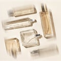 perfume bottles of beige color. Flatlay still life in the style of minimalism on a cream background, beauty and fashion Royalty Free Stock Photo